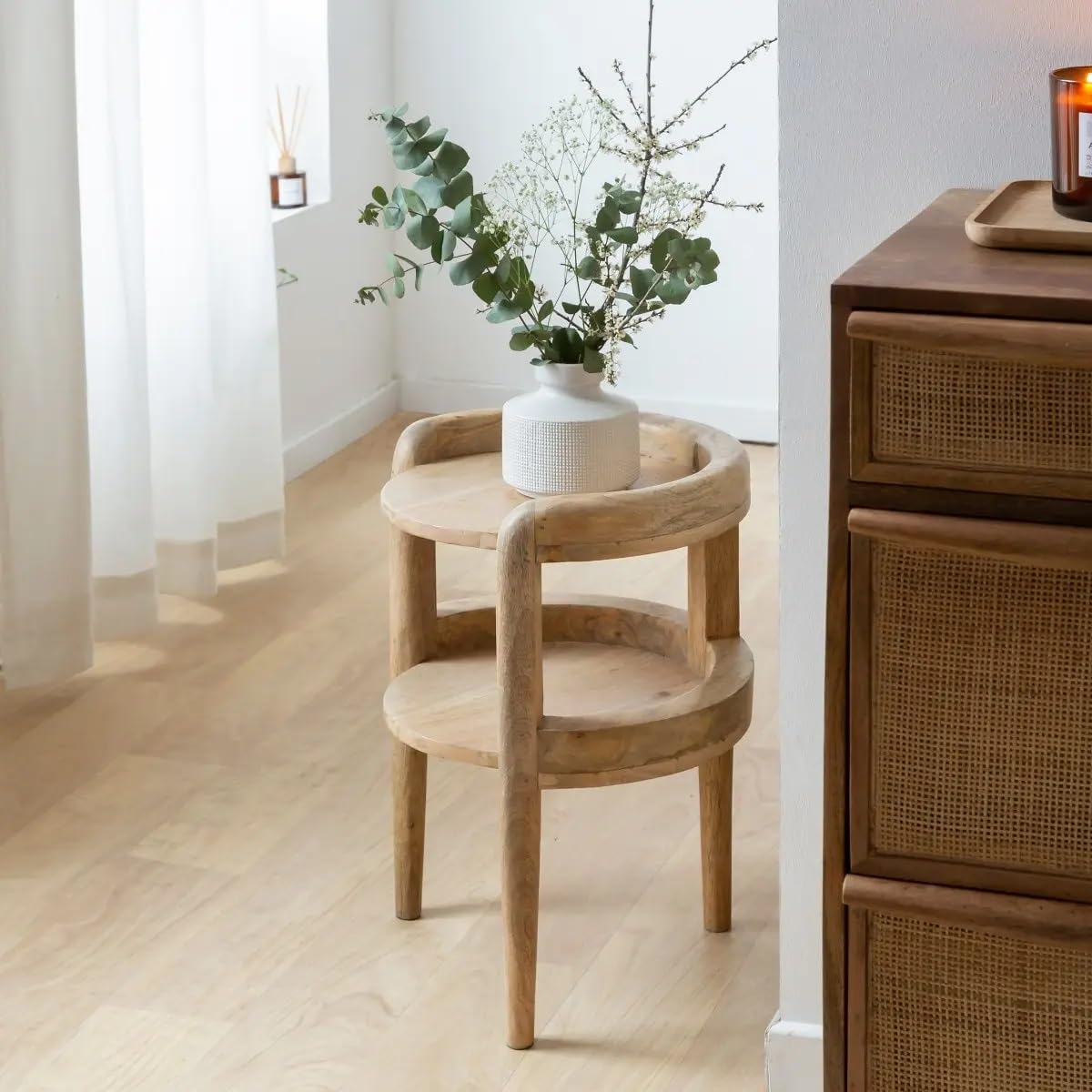 Wooden Round Bedside Table | Natural Finish | Bedroom | Furniture for Home | 40X37X52 CMS-image-40