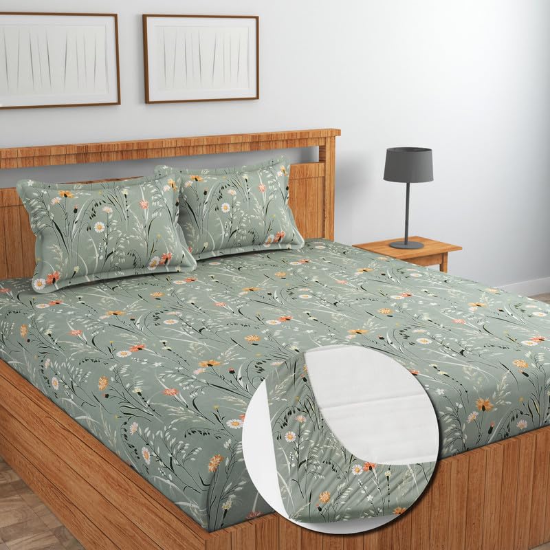 Image of NEW LEAF Cotton Fitted King Size Bedsheets with 2 Pillow Covers | Elastic Fitted | Wrinklefree | Ultrasoft |Winter Bedsheet 220 tc tc Floral | 710x72+10 Inches, Grey Rust