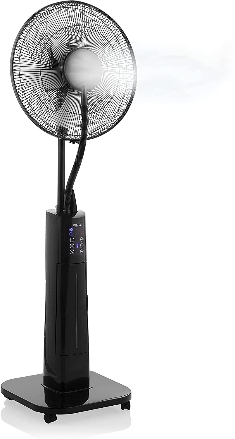 Tristar VE-5884 Ventilador nebulizador, 40 cm de diámetro, temporizador 1-9 h, oscilante 85°, 3 ajustes de velocidad, Ángulo ajustable 25°, tanque de agua de 2 L, mando a distancia, 70 W