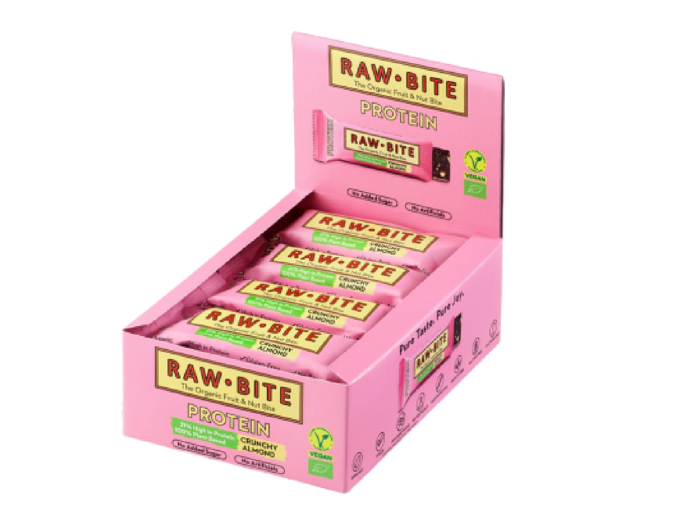 Raw Bite Protein Riegel Crunchy Almond mit 21g Eiweiß High in Protein 12 Bio Proteinriegel in Vorteilsbox mit Reisprotein, Datteln, Mandeln, Kürbiskernen & Kakao , 12 x 45 g