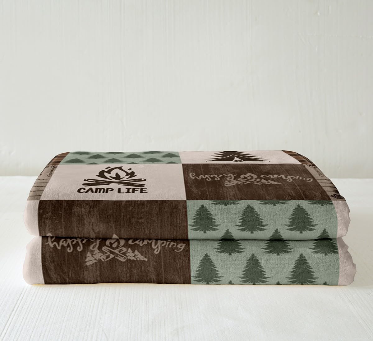 Camper Decor Fleece Blanket Set Throw, Rv Traveler Room Decor, Happy Camping Fuzzy Blanket, Geometric Plaid Patchwork Throw Blanket for Youth Teens Rustic Farmhouse Sherpa Blanket for Bed Couch