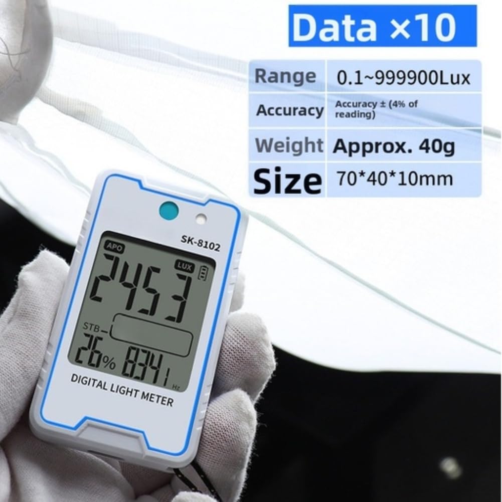 Beleuchtungsmessgerät mit stroboskopischem Flackertest, 0,1–999900 Lux-Bereich, Temperatur- und Feuchtigkeitsmonitor, One-Touch-Bewertung, tragbares Lichtmessgerät für industrielles Labor und (SK-8101