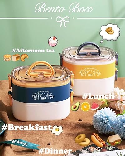 Miniatura 3 de Lonchera Kawaii Bento Box Bento con bolsa de almuerzo, vajilla, bolsas de galletas, 2 capas apiladas a prueba de fugas, bonita lonchera para viajes,