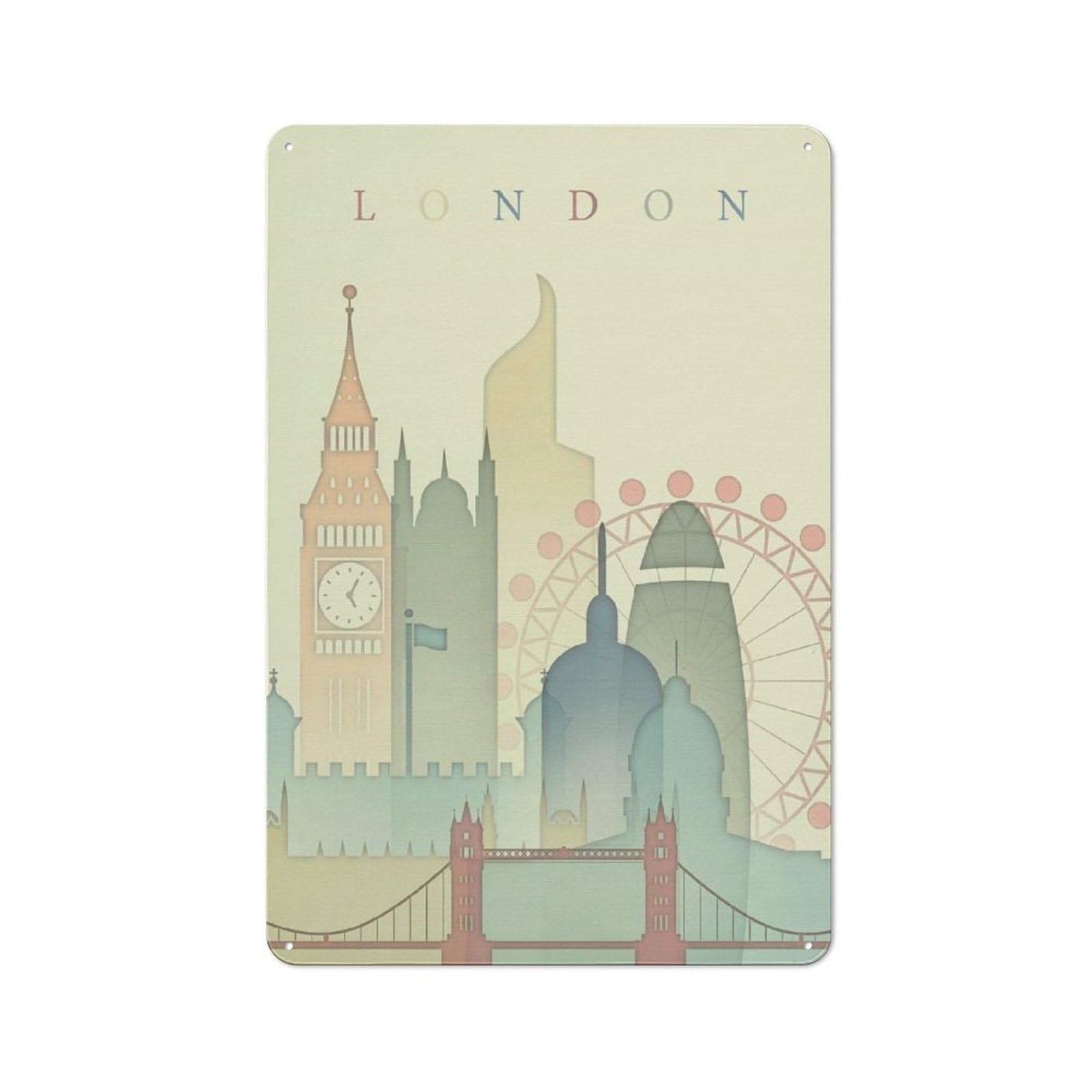 Junmoney London England Skyline Decorative Tin Sign With Design 30X20cm, Nostalgic Old Style Wall Plaque For Living Room, Hallway, Kitchen Or Cafe