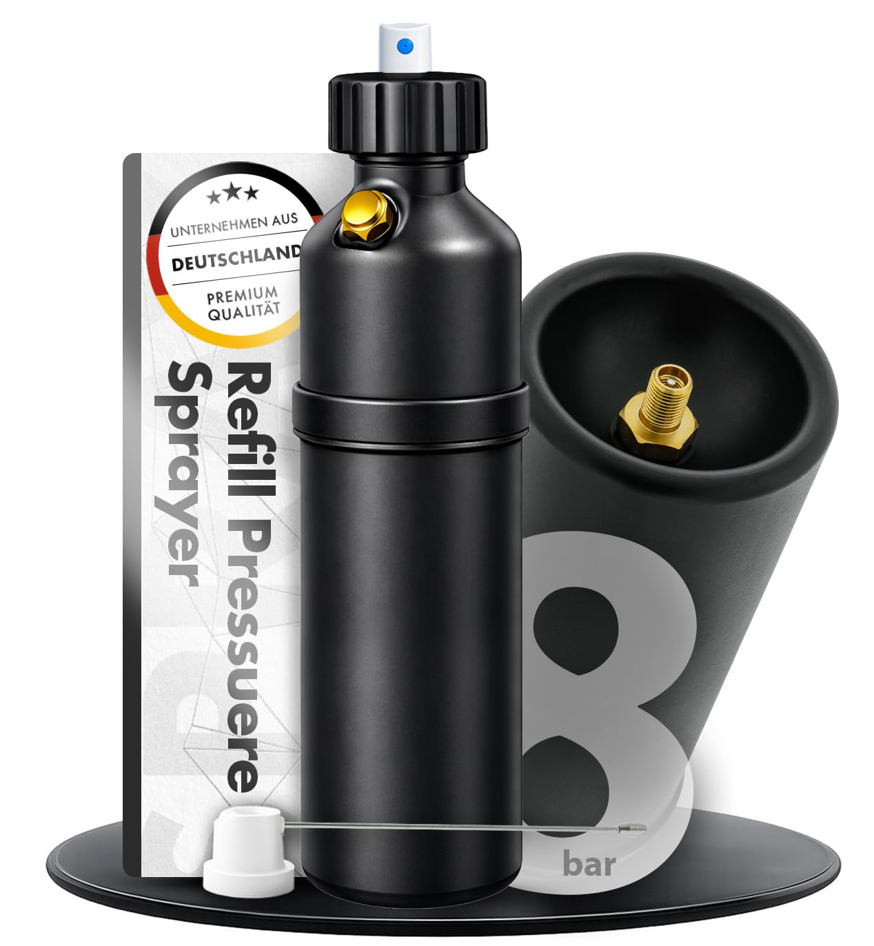 chemicalworkz Druckluft Sprühflasche 200 ml | Refill Pressure Sprayer mit 8 bar, Sicherheitsventil und 2 Düsen für Sprühnebel & Punktstrahl | Wiederbefüllbares Drucksprühgerät für Auto & Werkstatt