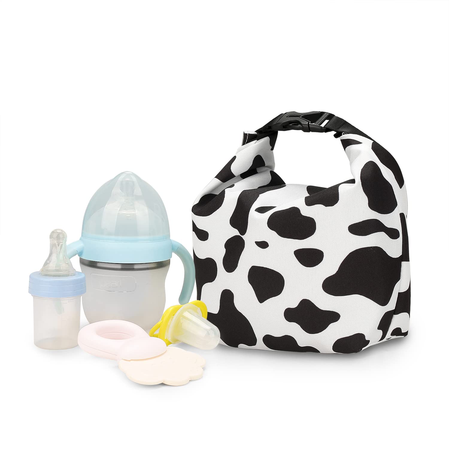 Insulated Breastmilk Cooler Bag - Reusable Milk Bottle Bag Kids Snack Bag Baby Pacifier Pack with Detachable Buckle for Diaper Bag Baby Stroller (Small, Cow)