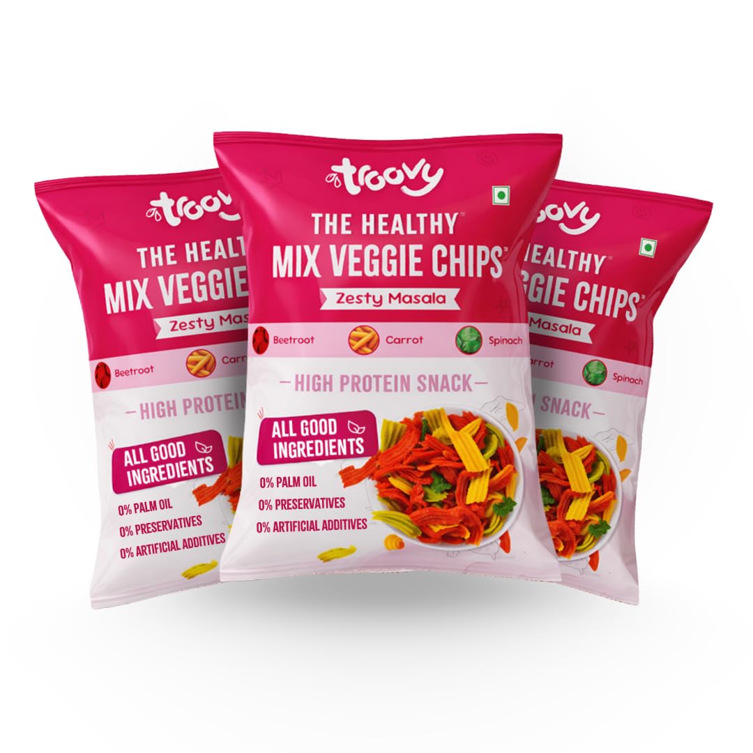 Troovy Healthy Vegetable Chips | Tasty & High Protein Snacks | No Palm Oil, Cholesterol or Trans Fats, No Junk & Chemicals, Made with Beetroot, Carrot & Spinach | Masala Flavoured | 3 packs X 70 grams-image-44