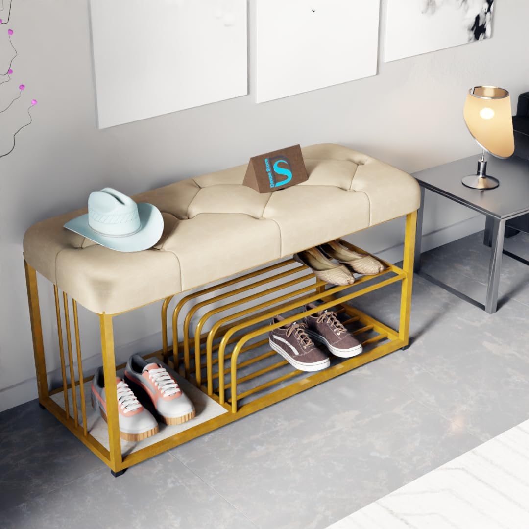 Dence Store Metal End of Bed Bench-Upholstered Entry Shoe Storage with Nailhead Trim,Black Mental Frame Ottoman Bench for Bedroom Entry Window Mudroom Living Room (Beige)