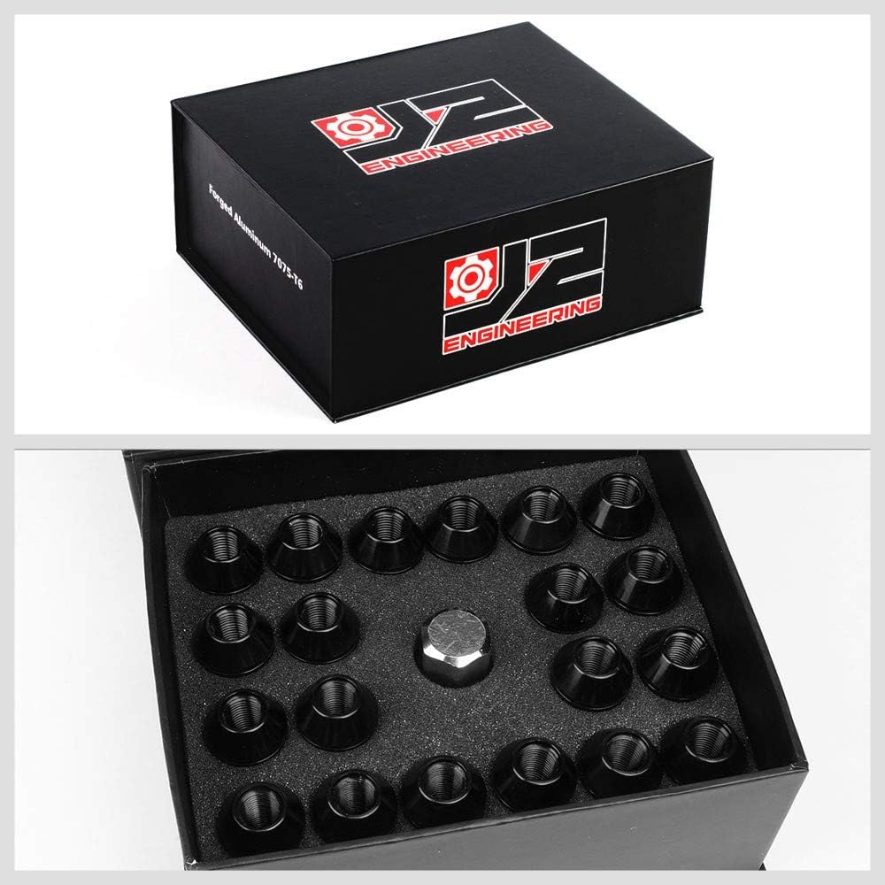 J2 Engineering T7-006 Close End Acorn Tuner Lug Nuts 20PC Set M12 x 1.25 Conical Seat (Black Anodized 7075 Forged Aluminum)