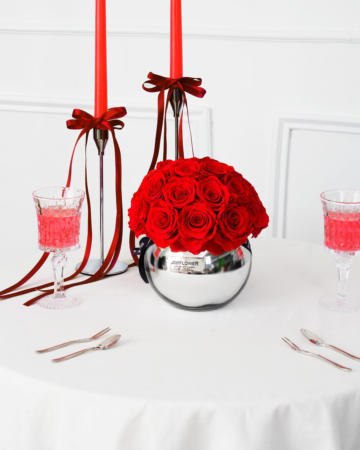 JoyFlower Preserved Flowers Vase Glass Decor, Eternal Flower Vases for Centerpieces, Forever Flower Decorations for Party Home Wedding Table Living Room Bedroom, Red Roses Glass Vase House Decors