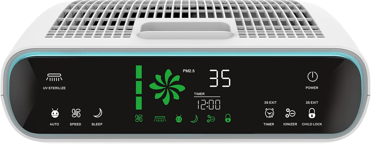 Жогорку view of Kalorik TKG AP 2000 Air Purifier control panel with LED display and touch buttons.