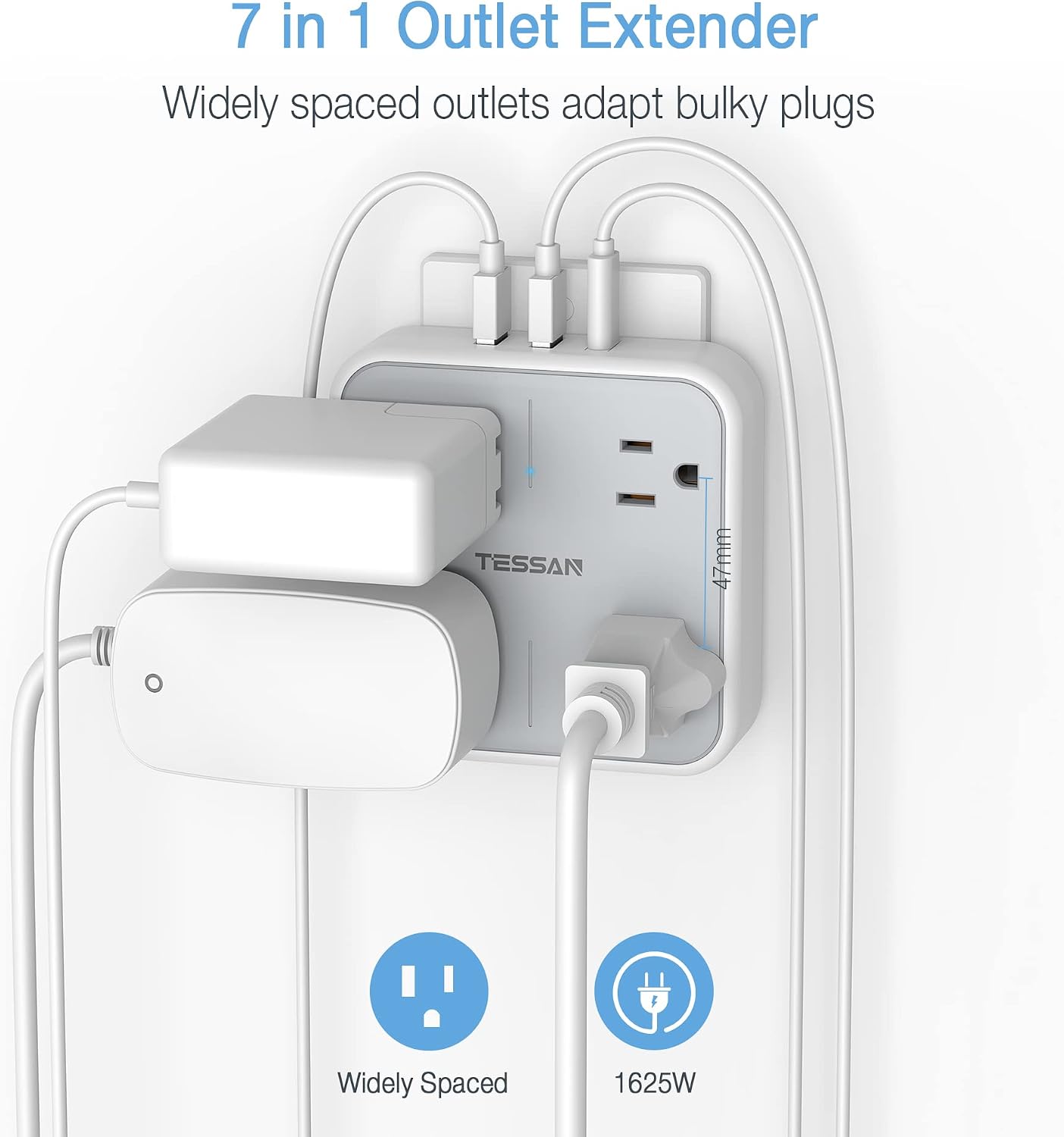 Multi Plug USB Wall Charger, 4 Outlet Splitter with 3 USB Wall Plug (1 USB C Port), Multiple Plug Outlets Extender with Surge Protector Spaced for Home, Travel, College Dorm Room