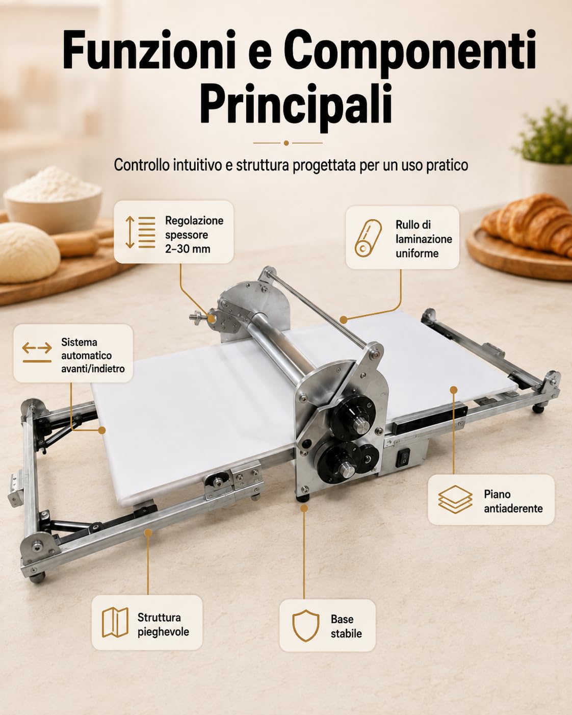 Sfogliatrice Elettrica Professionale 22,7", Laminatrice Per Impasti Con Spessore Regolabile 2–30 Mm, Design Pieghevole, Rullo In Acciaio Inox Per Pizza, Pasta Sfoglia E Panifici