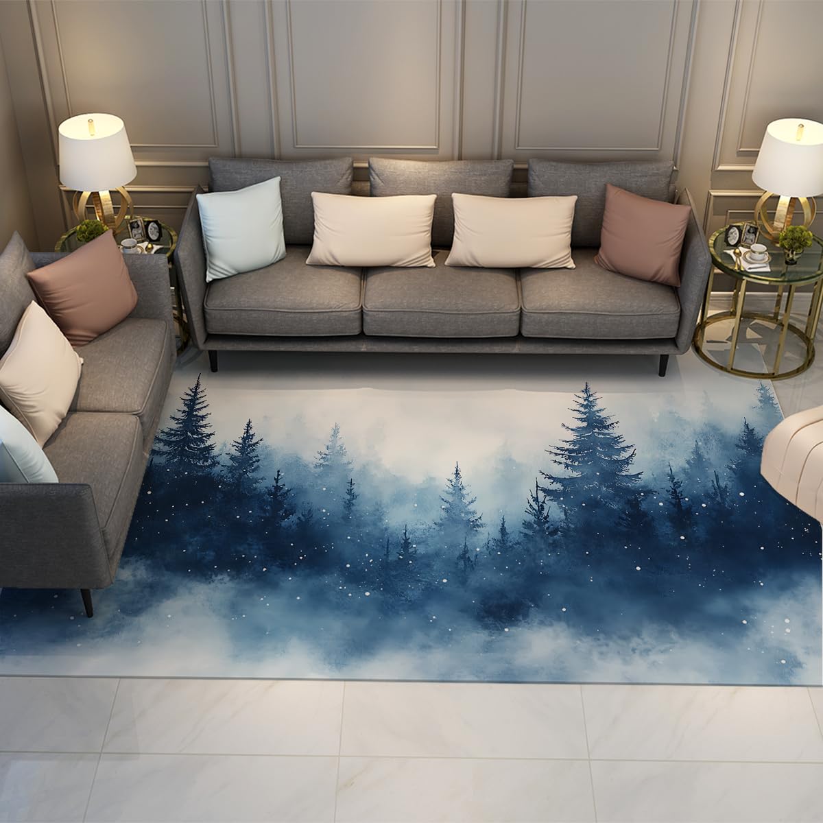 Tapis antidérapant Blue Misty Forest 160x230cm à poil bas et sécurisé