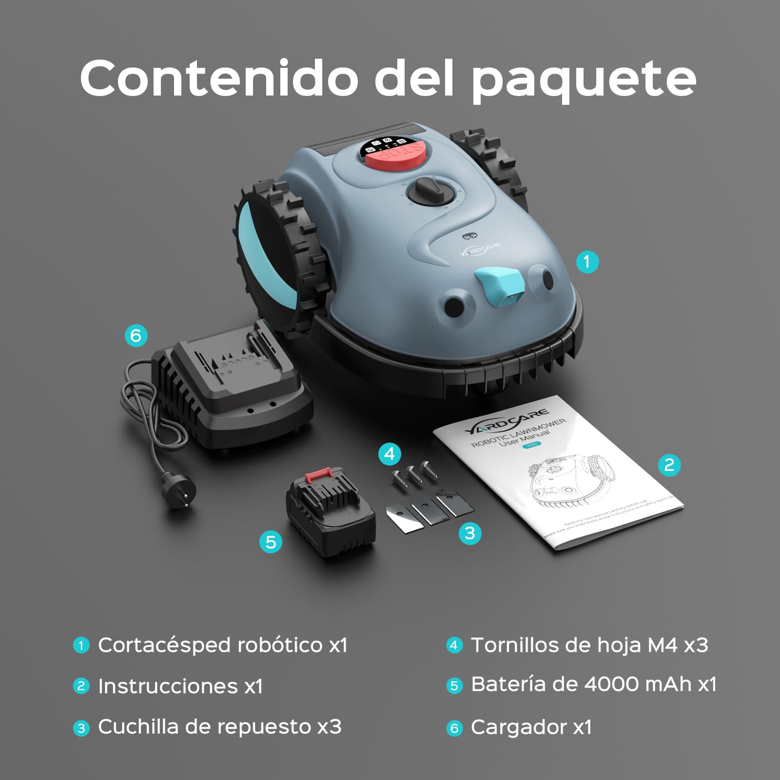 YARDCARE V100 Robot Cortacesped Electrico con Navegación por Visión, Detección de 150 Obstáculos, Robot Cortacésped Bateria hasta 150 m², Robot Cortacesped con Cuchillas de Repuesto