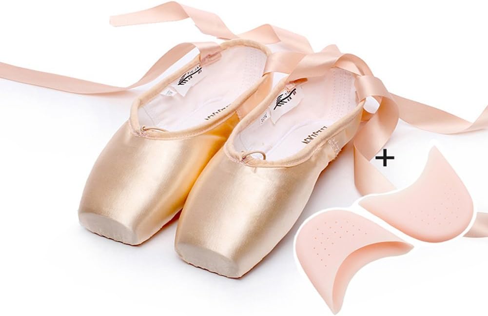 Zou Design Life Girls Dance Shoe Professional Level Pink Satin Ballet Pointe Shoes with Ribbon and Toe Pads (5.5(B) M US Women)