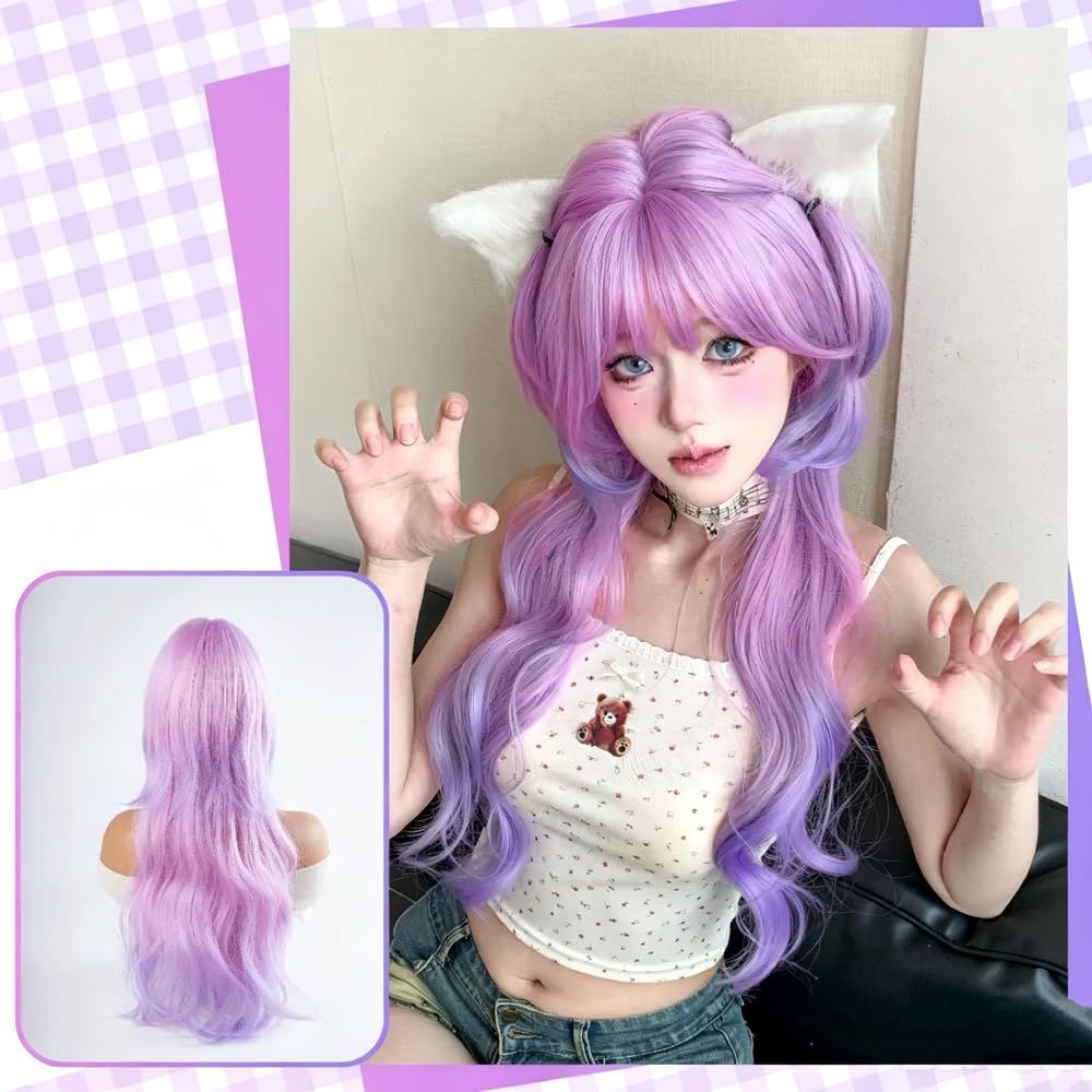 Haarpflege 28 Zoll Verträumter Stil Rosa Lila Farbverlauf Perücken Mit Pony Lange Natürliche Gewellte Haarperücke Für Frauen Cosplay Hitzebeständig