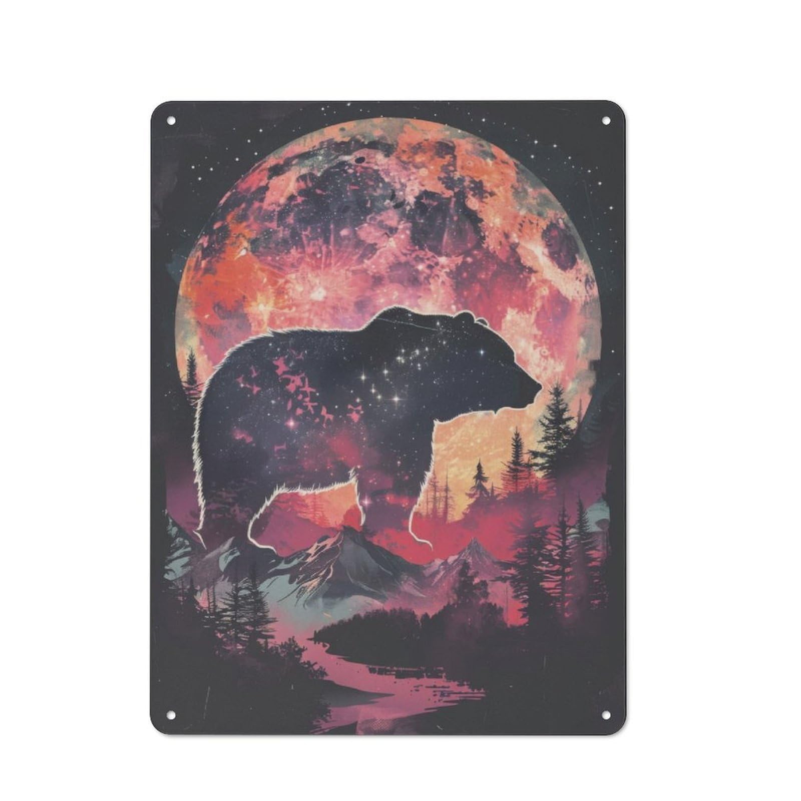 Junmoney Bear Silhouette Galaxy Cottage Style Metal Wall Decor 40X30cm, Farmhouse Metal Sign For Kitchen, Cottage, Porch Or Garden Room