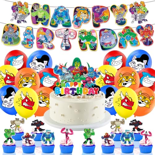 RFJYGWQM 32PCS Goo Birthday Party Decorations,Goo Heroes Birthday Party Supplies with Heroes Balloon,Happy Birthday Banner,Cake Topper for Kids GIDLE Theme Birthday Party Baby Shower