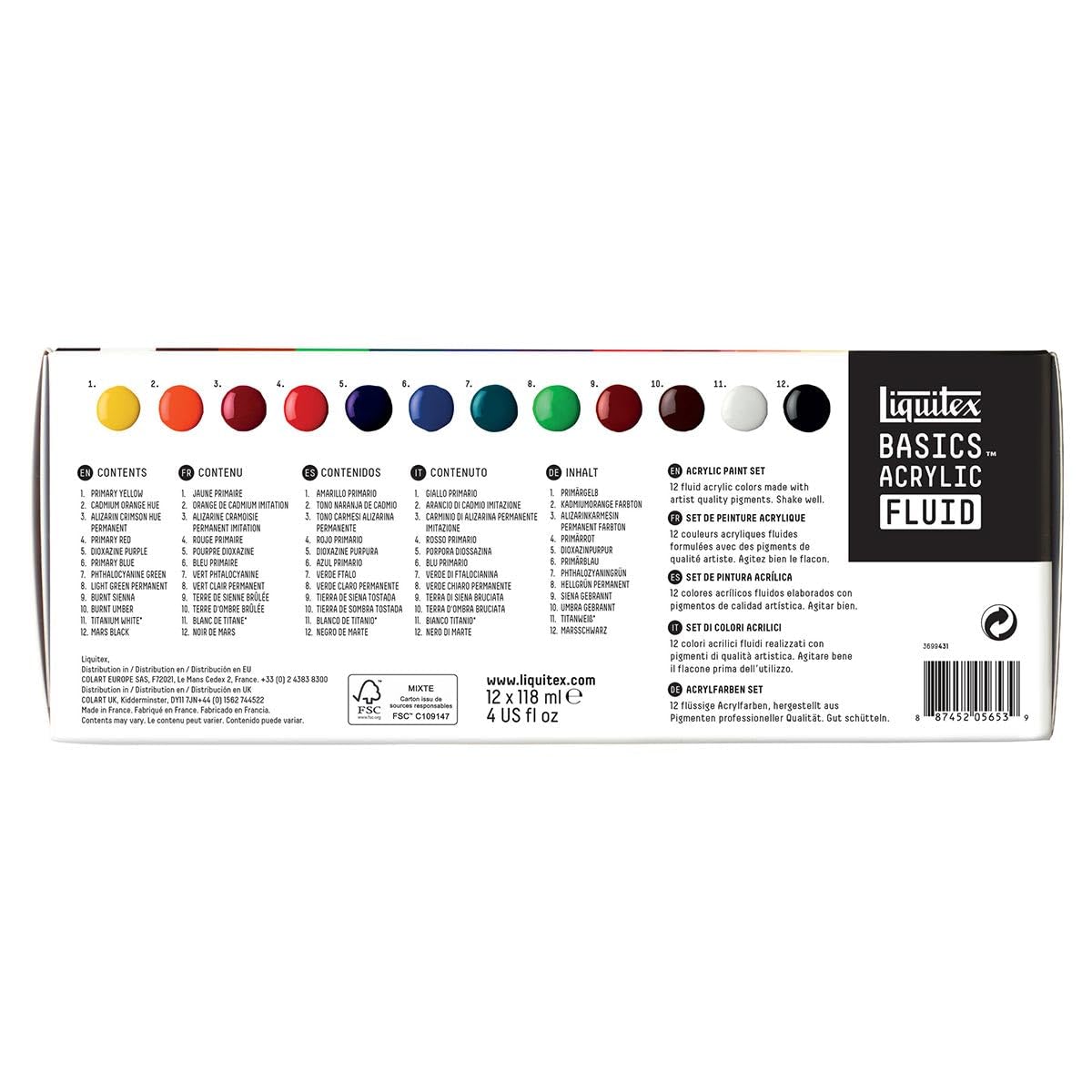 Liquitex 3699431 Basics Fluid - Set acylique - Peinture acrylique à consistance fluide, à séchage rapide, résistante à la lumière, imperméable, à base d'eau, 12 couleurs en flacons de 118 ml