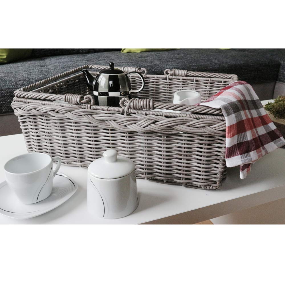 HABAU Picknickkorb Grau – Serviertablett & Tragekorb aus Kunststoff-Geflecht mit Metallrahmen – Stabiler Korb mit Griffen, Filzboden, 46 x 34 x 17 cm – Ideal für Picknick & Haushalt