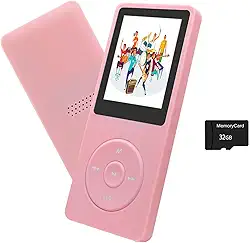 Leitor de MP3 de 32 GB com alto-falante, fones de ouvido, reprodutor de música portátil para crianças, suporta rádio FM, gravador de voz, e-book, suporta até 128 GB, rosa