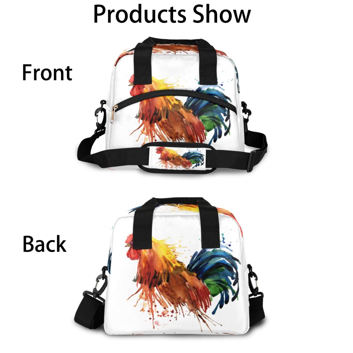 Borsa per il pranzo con stampa di gallo e pollo, per donne e uomini, riutilizzabile, isolata, per viaggi, lavoro, scuola, picnic