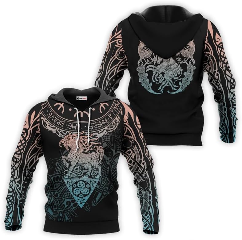 Viking Tatoo Hoodie Men’s Long Sleeve Graphic 3D Print Pullover Hooded Viking Apparel Sweashirt Hoodies