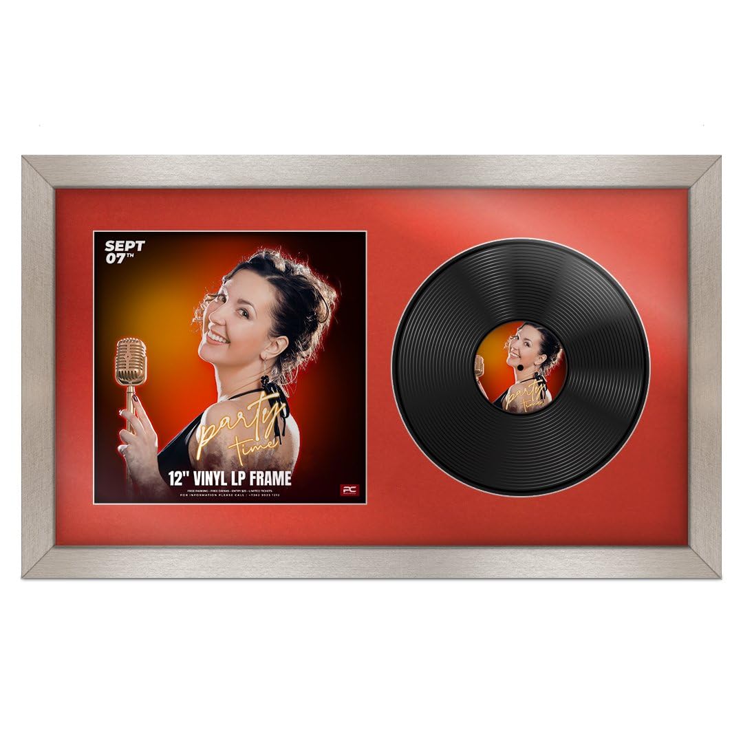 Procut Global 30x17" Aluminium Vinyl Record Frame for 12 Inch LP Cover & Disc - Premium Display Modern Photo Frame - Engineered Wood with Shatterproof Perspex - Music Lover Gift - Poppy Red Mount