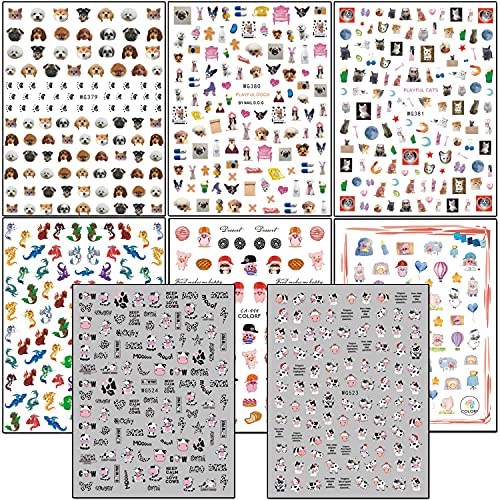 8 Sheets Cute Animal Nail Art Adhesive Sticker Cows Dog Cat Pig Dragon Cartoon Nail Stickers 3D Nail Art Design For Women Girls Manicure Tips Charms Decoration Acrylic Nails Supplies Nail Decals #TOP5