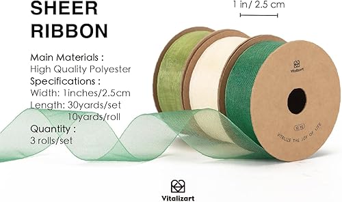 Miniatura 2 de Vitalizart Cinta verde y crema de organza transparente de 1 pulgada x 30 yardas, hechas a mano de tela ecológica para envolver regalos, árbol de