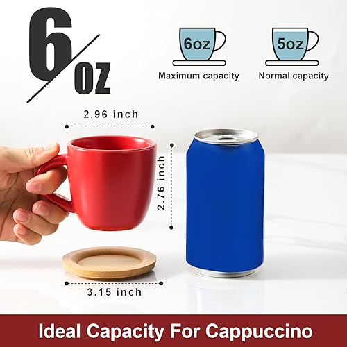 Miniatura 3 de HASENSE Tazas de capuchino con platillos, juego de 6 tazas de café de cerámica de 6 onzas, perfectas para expreso, bebidas de café especiales, café