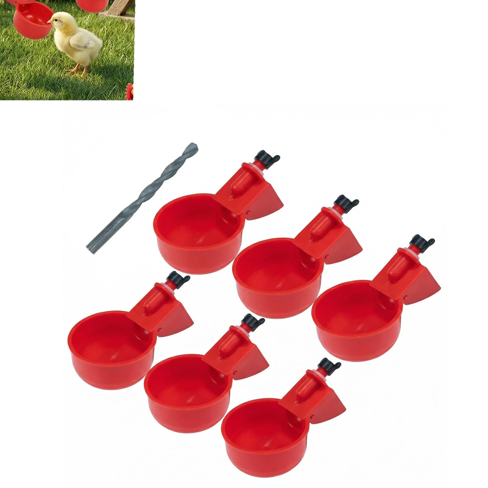 Juego de Bebederos Automáticos para Aves de Corral - Set de 6 Dispensadores de Agua con Taladro Incluido - Sistema de Suministro Automático de Agua por Gravedad para Pollos, Patos, Pavos, Gansos, Loro