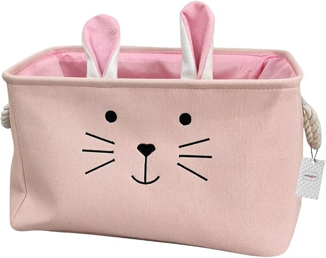 Inwagui Large Collapsible Storage Basket Cute Rabbit Fabric Hamper Baby Nursery Rectangular Storage Box for Toys, Clothes, Books - Pink