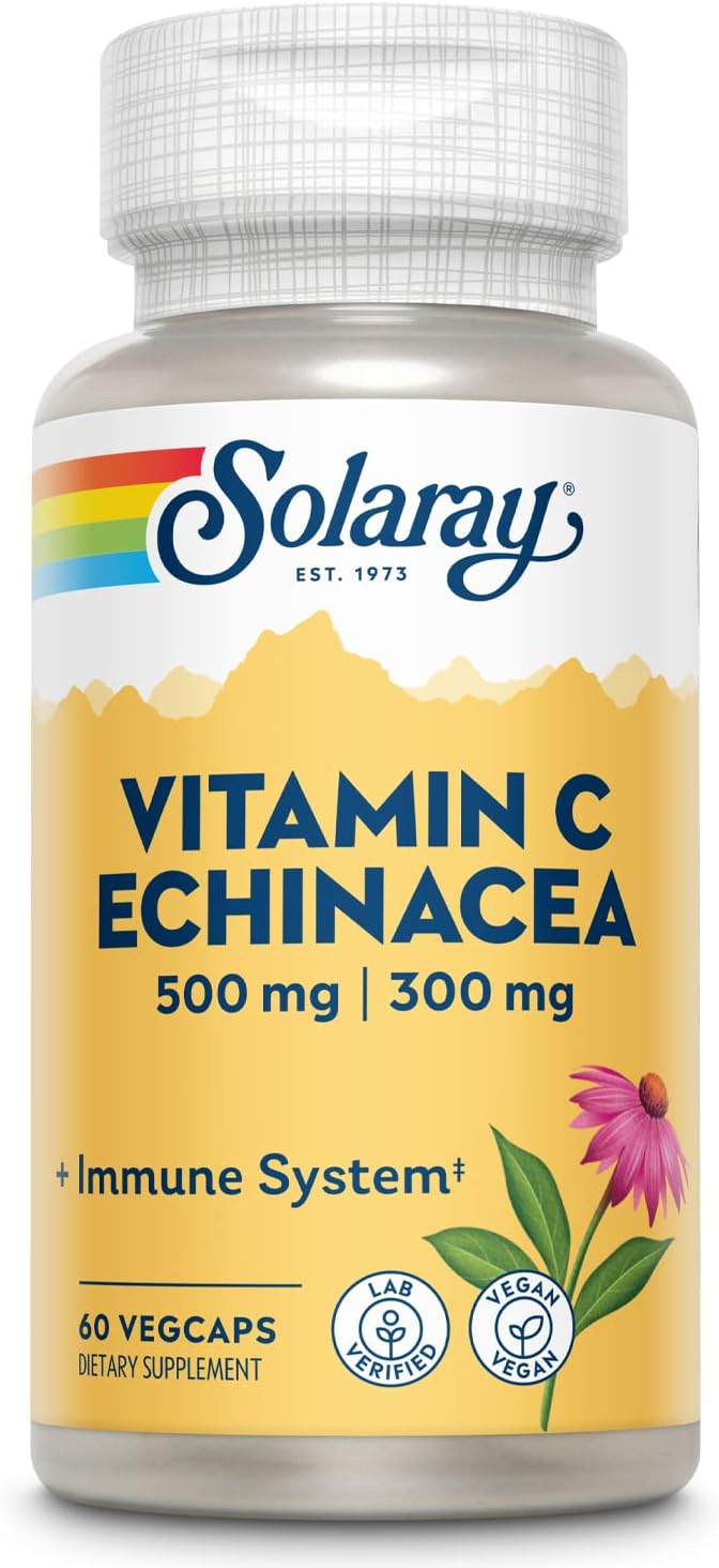 Vitamin C & Echinacea Root | Healthy Immune System Support w/ 500 mg VIT C & 300 mg Echinacea Per Capsule | Non-GMO & Vegan | 60 VegCaps