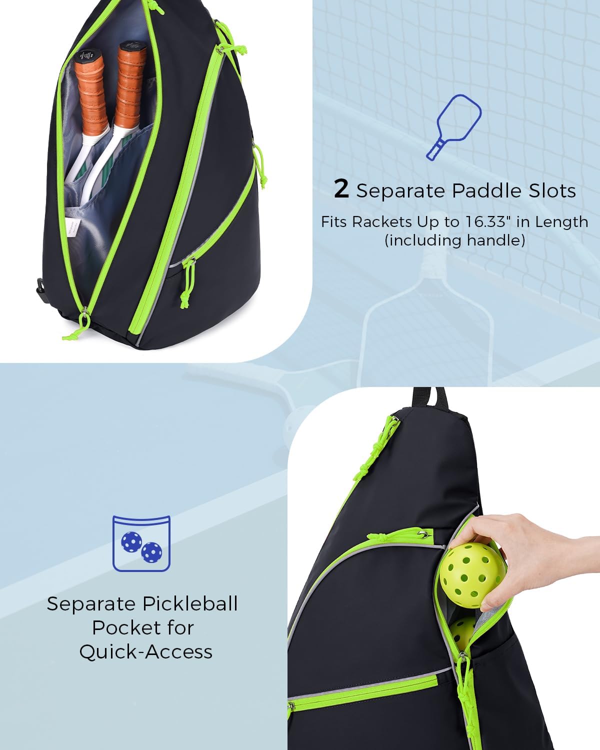 sportsnew Pickleball Bag for Men Women, Pickleball Sling Bag with Separate Paddle & Ball Compartment, Fence Hook, Phone Pocket for Quick Access, Waterproof Pickleball Backpack, Patent Pending