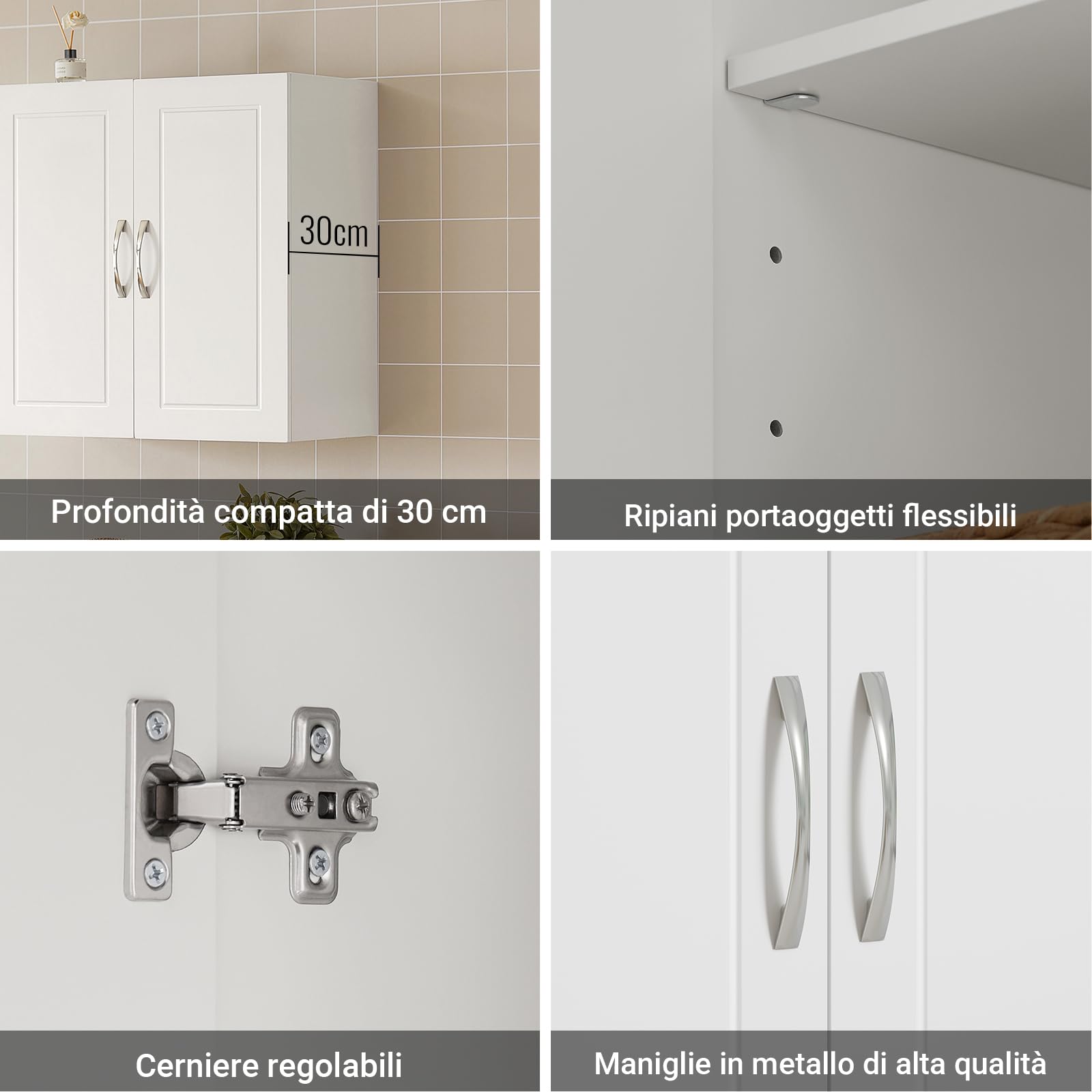 SoBuy Pensile Cucina Sospeso - Mobile Cucina con Ante Bianco Mobile Pensile da Muro Salvaspazio in Legno 60x30x60 cm con Ripiani Regolabili Dispensa Moderna FRG231-W