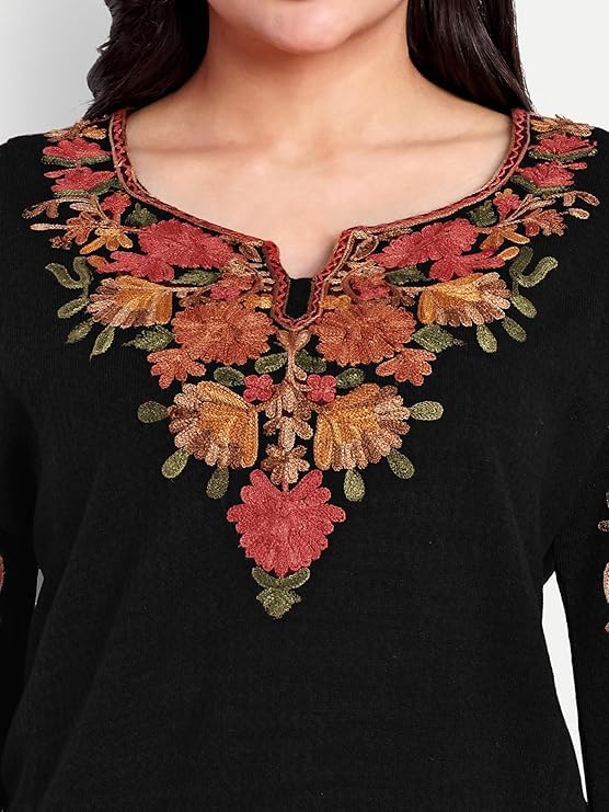 Image of HAUTEMODA Women Woollen Short Kashmiri Embroidery Phiran Kurta