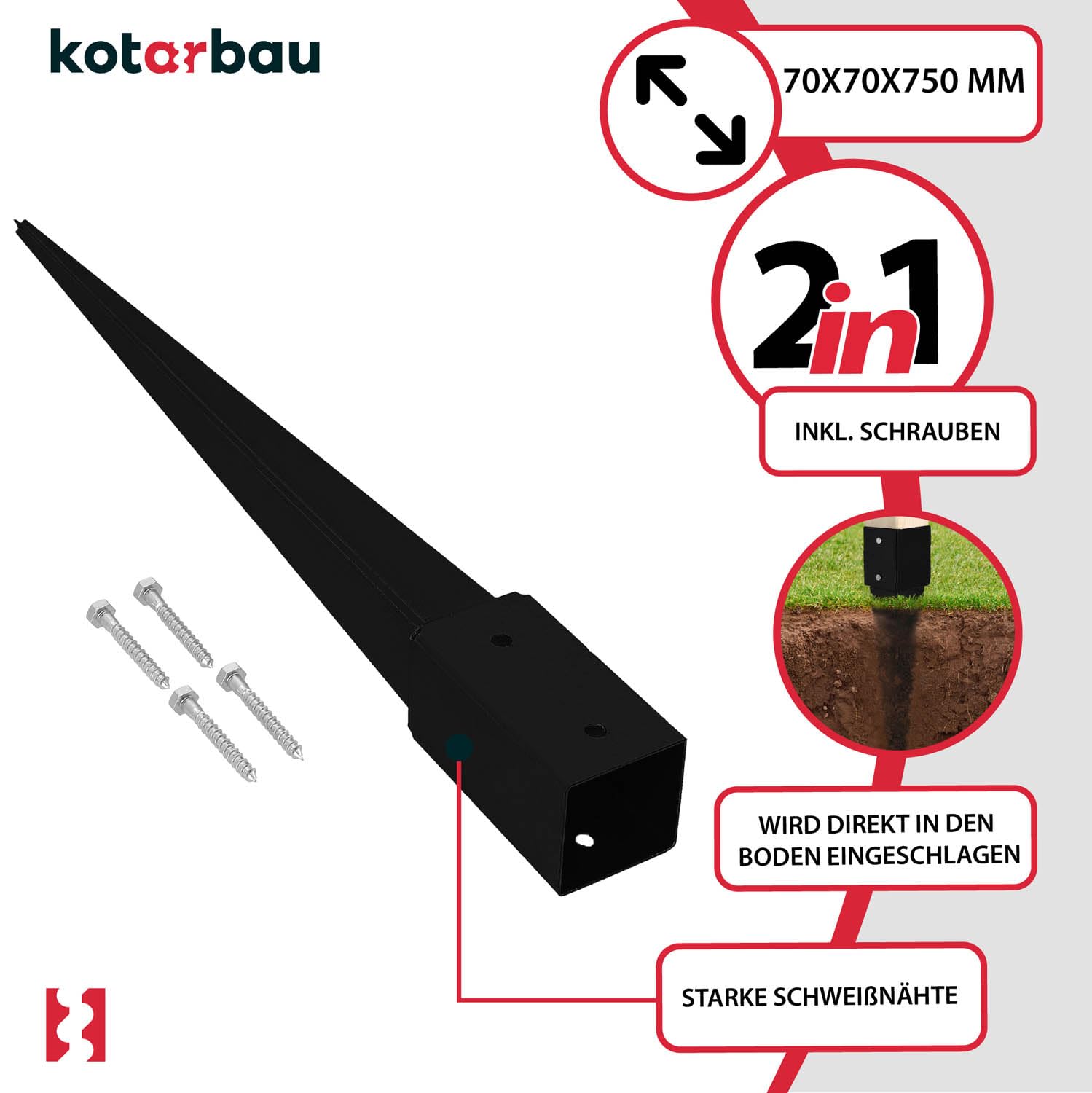 KOTARBAU® Lot de 2 supports de poteau à enfoncer - 71 x 71 x 750 mm - En acier galvanisé revêtu par pulvérisation - Douille à enfoncer - Piquet de terre - Piquet de terre - Ancrage au sol - Manchons à