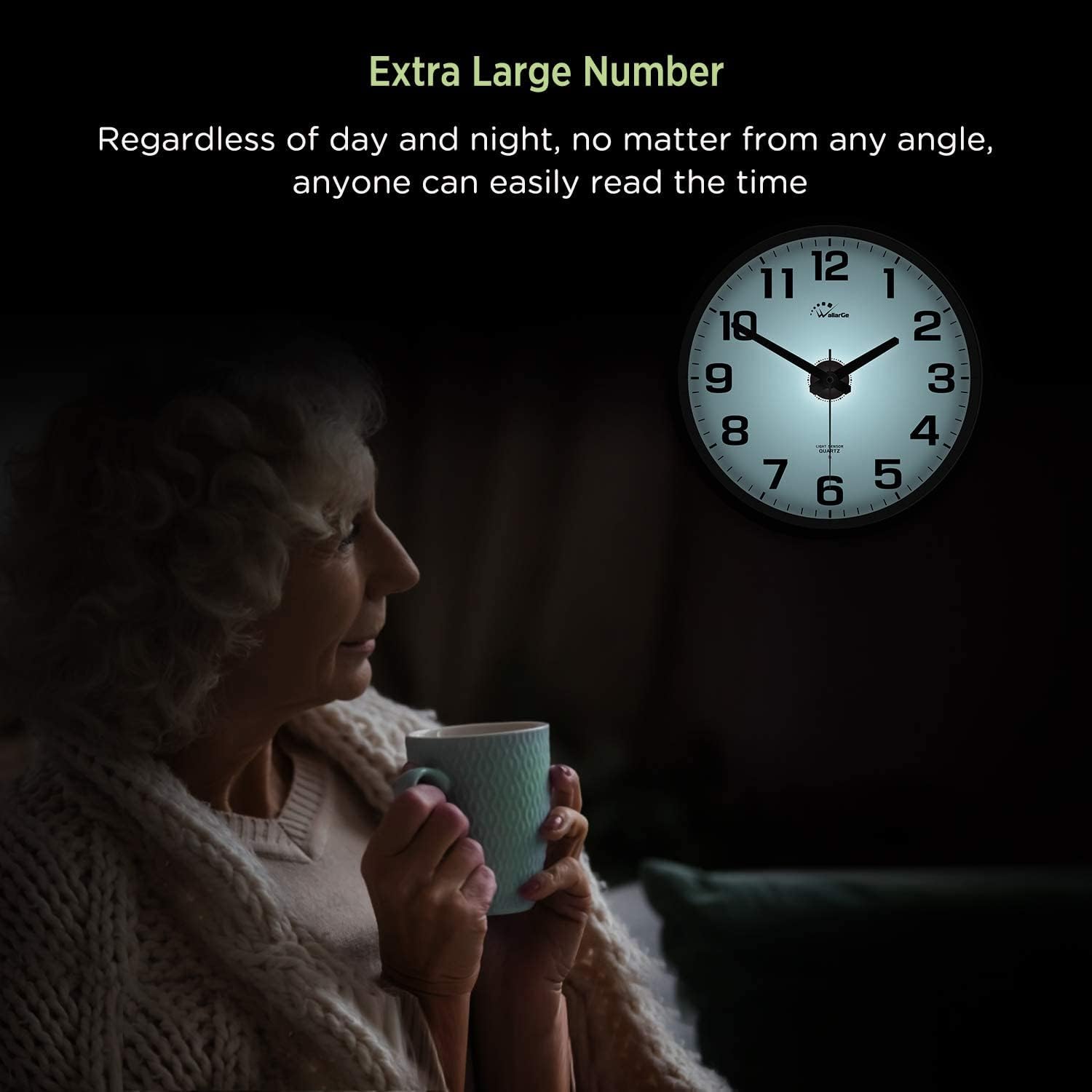 WallarGe Night Light Wall Clock for Bedroom - 12 Inch Silent Battery Operated Wall Clocks for Living Room/Kitchen,Large Digital Display,Adjustable Brightness,Easy to Read Both Day and Night. : Home & Kitchen
