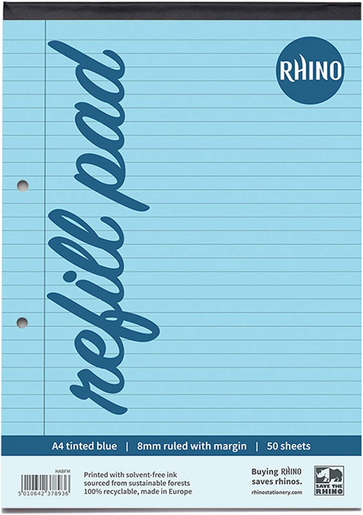 RHINO A4 Refill Pad, Writing Pad, 100 Page / 8mm Lined, 1 Pack, Blue Lined Writing Paper for Dyslexia & SEN, Office & School Stationery Supplies