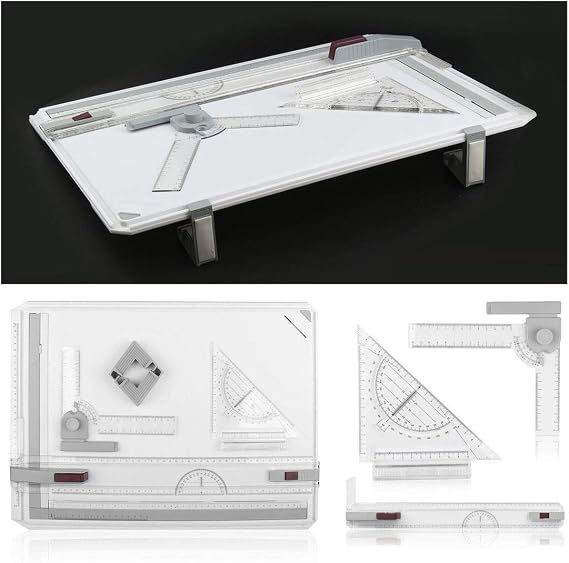 Queiting A3 Drawing Board, Adjustable Angle Drafting Table with Protractor, Paper Locator, Sliding Ruler, Anti-Slip Support Legs, 51X37CM