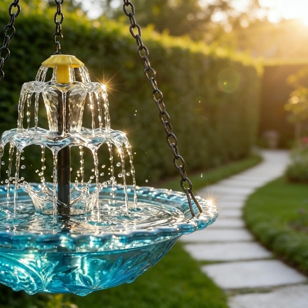 Solar Cascade Hanging Bird Bath Fountain, 9.84'' 1/3 Layers Solar Hanging Bird Bath Fountain with Solar Powered Pump for Outdoor Patio Yard Garden Lawn Decoration (Solar energy-Blue-2layers)