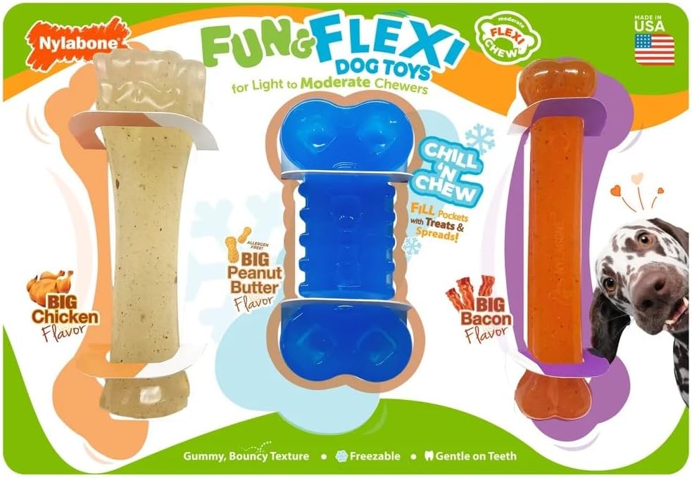 Nylabone Fun & Flex Dog Toy Pack, 3 Pieces, Flexible Chew Toys for Light to Moderate Chewers, Freezable Treat Toy, Chicken and Bacon Flavored