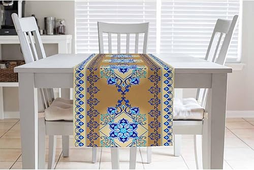 Miniatura 3 de HOSNYE Camino de mesa de flores azules, patrón étnico oriental, camino de mesa de lino de algodón para decoración de cocina, mesa familiar, mesa de