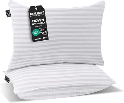 Bed Pillows for Sleeping, Set of 2 Cooling, Hotel Quality with Soft Down Alternative Fill for Back, Stomach & Side Sleepers | White Striped Queen