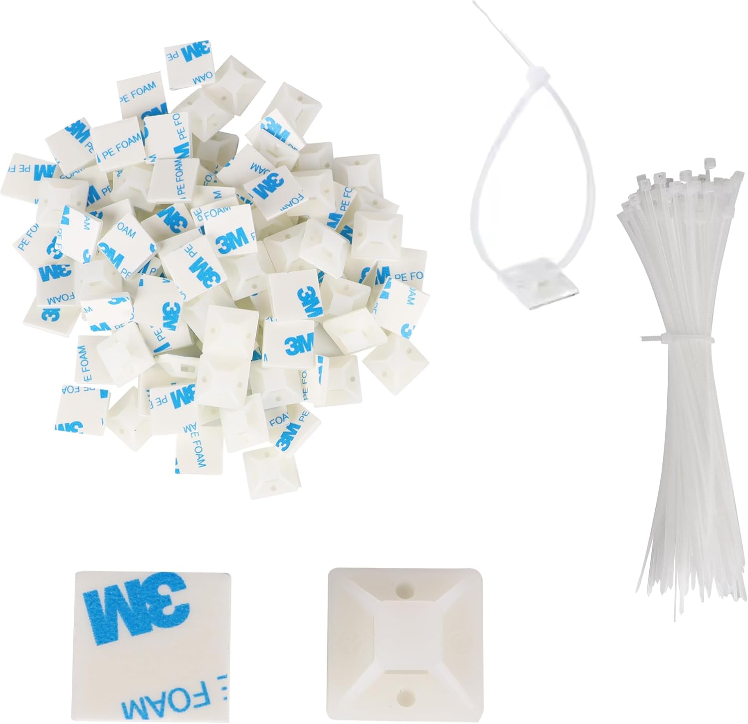 100-Pack Self-Adhesive Cable Zip Tie Mounts Kit with 6" White Zip Ties, 3/4" 3M Back-Glue Zip Tie Adhesive Mounts Cable Management Clips for Indoor/Outdoor Use