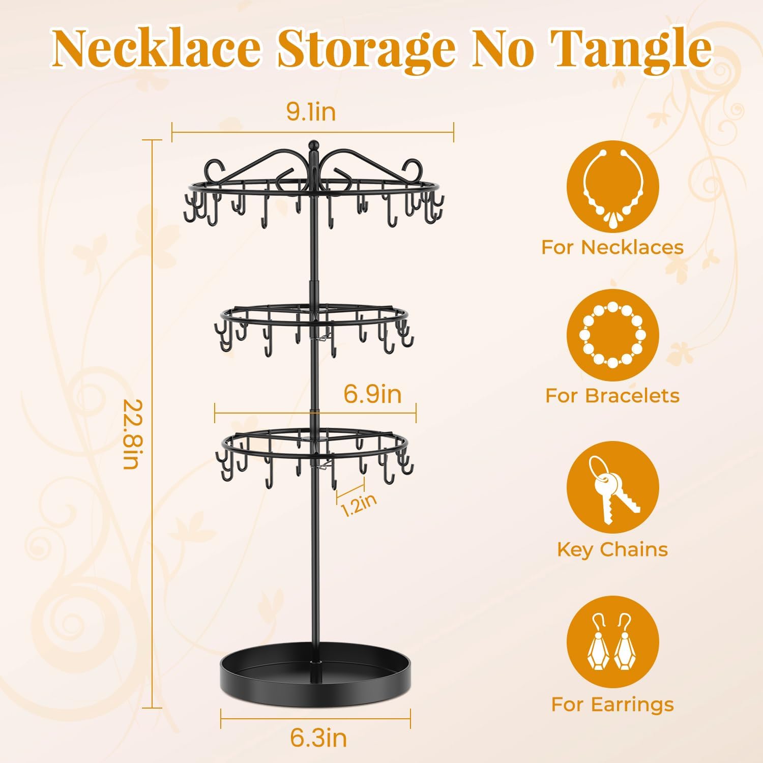EsLuker.ly Necklace Holder Organizer Rotating Display Stand, 3 Tier Adjustable Height Necklaces Hanger Tree Tower with 60 Hooks, Metal Tall Jewelry Bracelet Storage Rack for Women Vendors Sell, Black