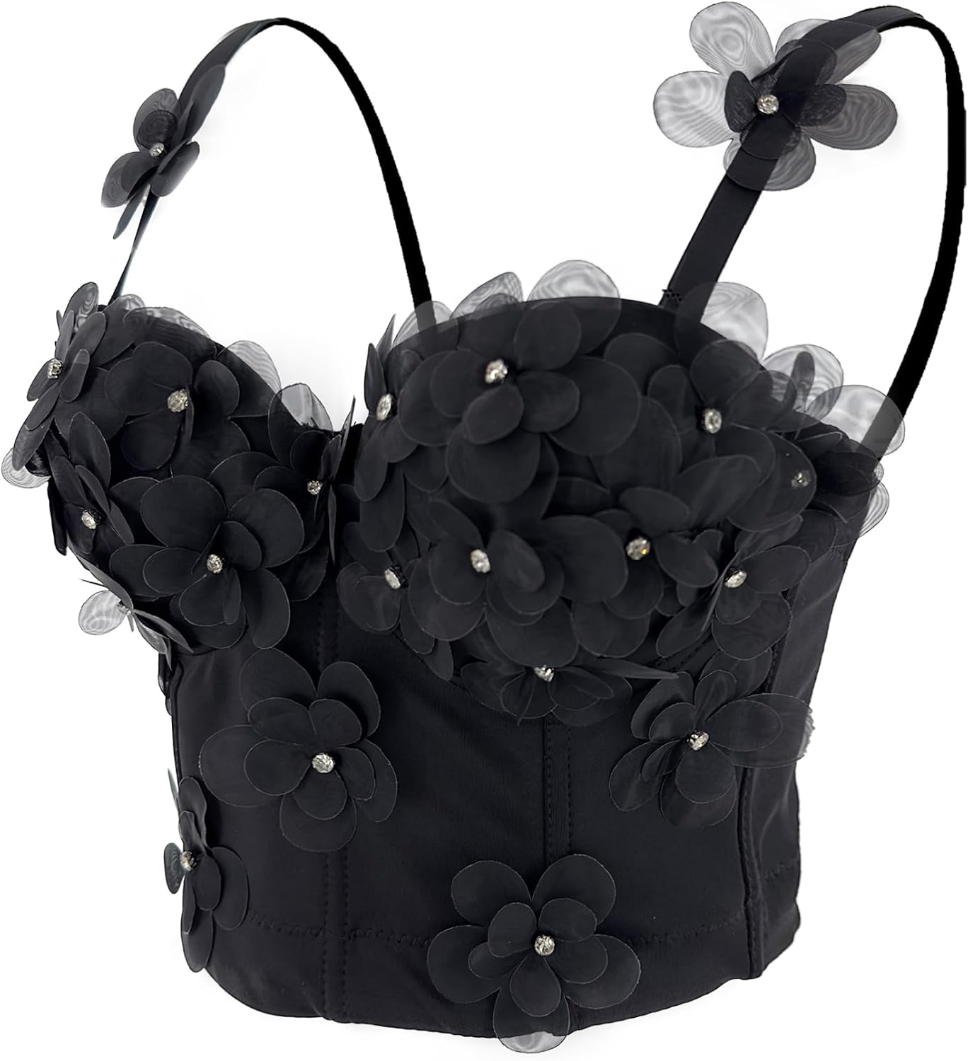ELLACCI Women's 3D Mesh Floral with Diamond Rhinestone Bustier Crop Top Wedding Party Club Corset Tops Black