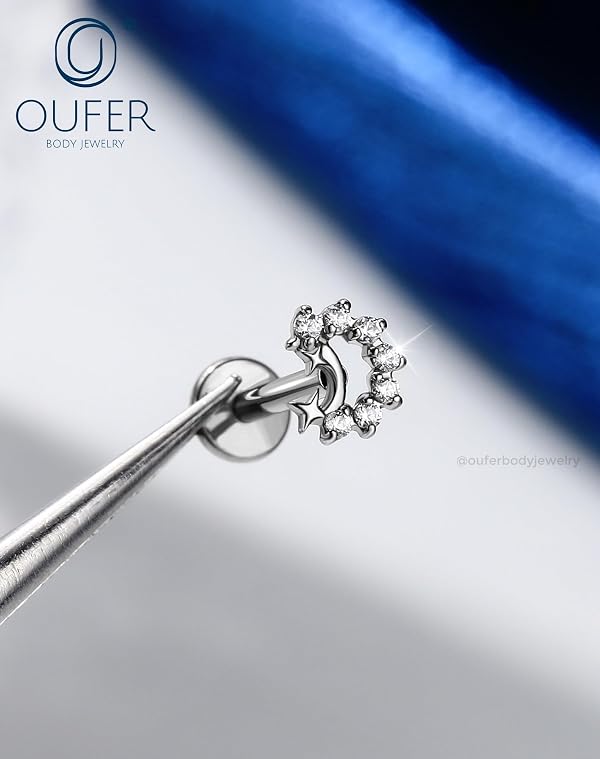 OUFER Body Piercing Titanium Tragus Earring for Women 16G Star Helix Conch Piercing Jewelry for Women Internally Thread Tragus Helix Stud Flat Back Earring Studs Surgical Steel Cartilage Jewelry by OUFER Body Piercing - Used condition - Image 7